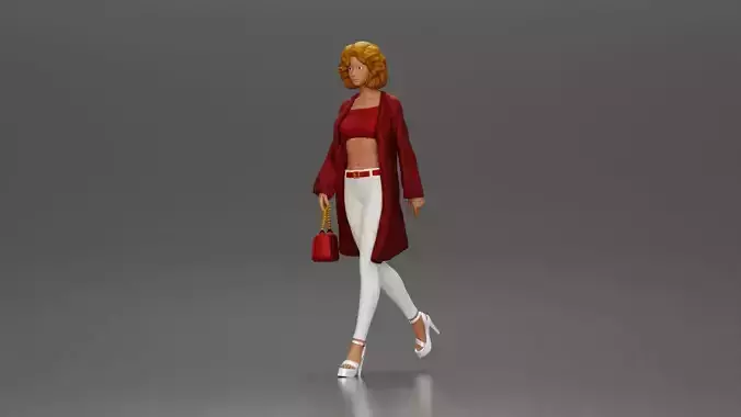 Woman with curly hair wearing red coat walking holding handbag