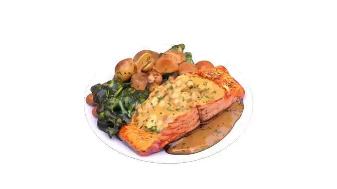 Salmon with Crispy Potatoes and Broccolis Low-poly 3D model