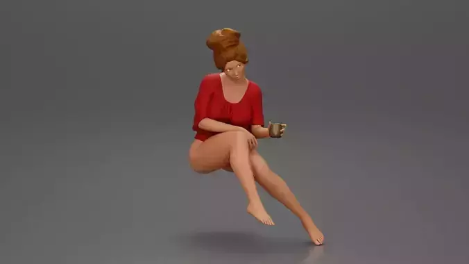 Relaxed girl in red sipping coffee enjoying a peaceful moment