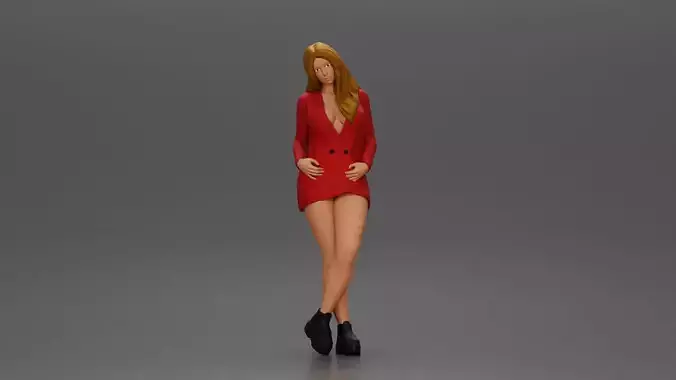 Stylish woman in blazer dress and boots posing with crossed legs