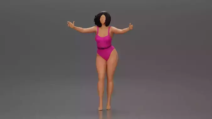 Woman with short black hair wearing pink swimsuit raising arms