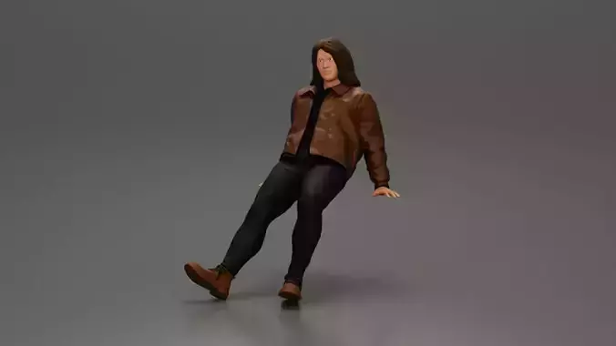 Man with long hair wearing jacket sitting with relaxed posture