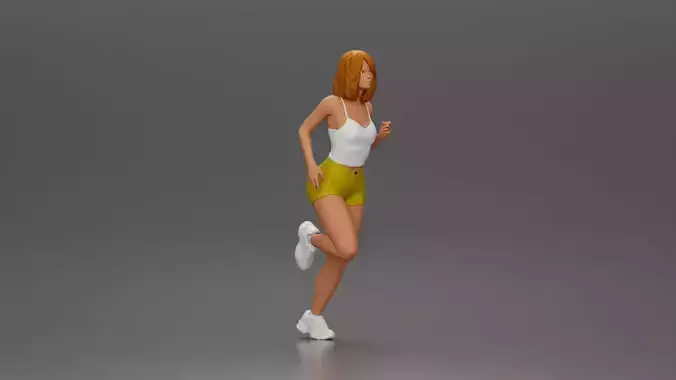 Woman with short hair wearing top and yellow shorts running