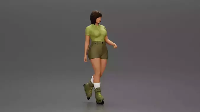 Woman in green outfit gliding smoothly on olive roller skates