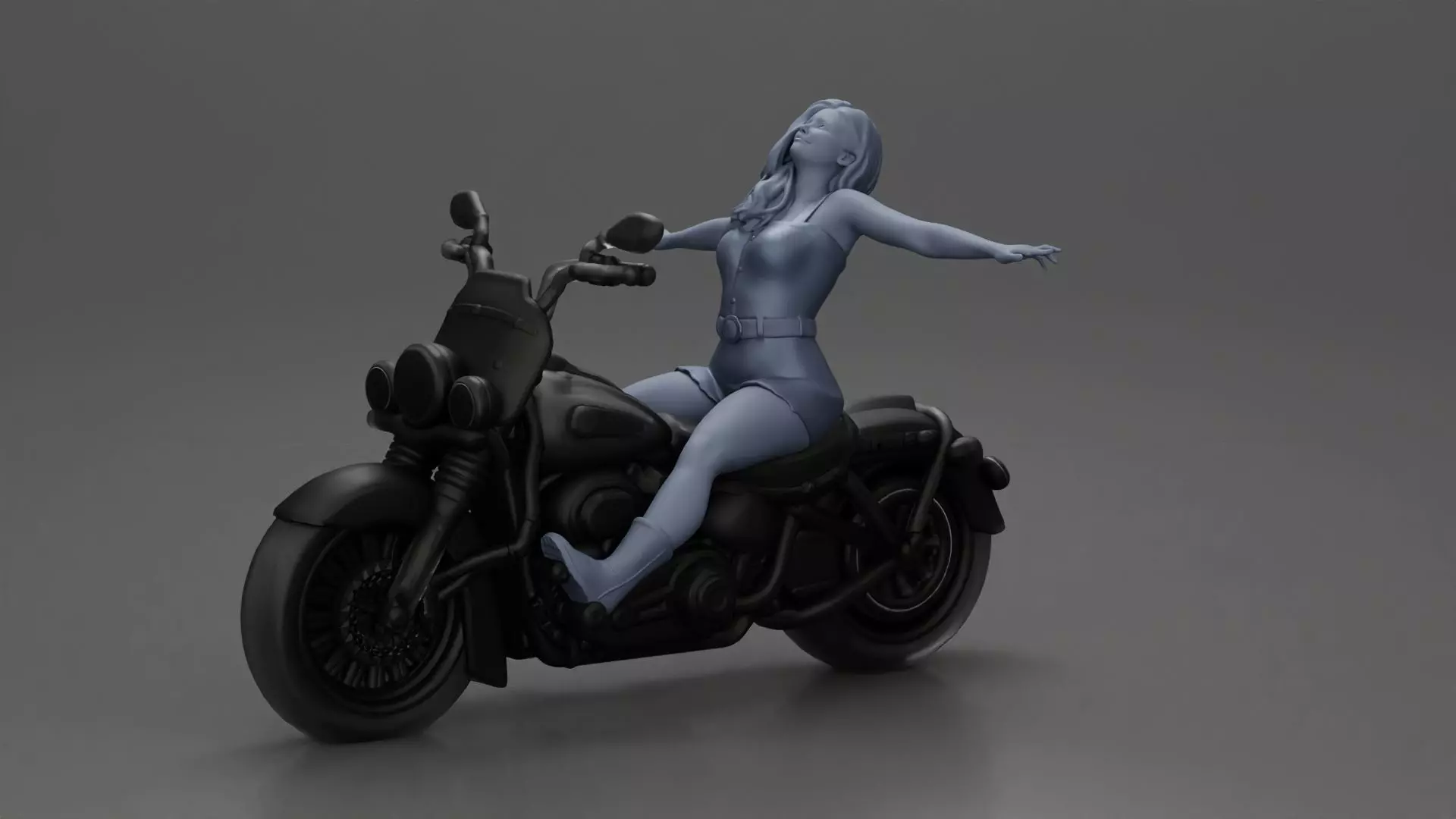 Woman in outfit stretching arms wide while sitting on motorcycle 3D print model_1
