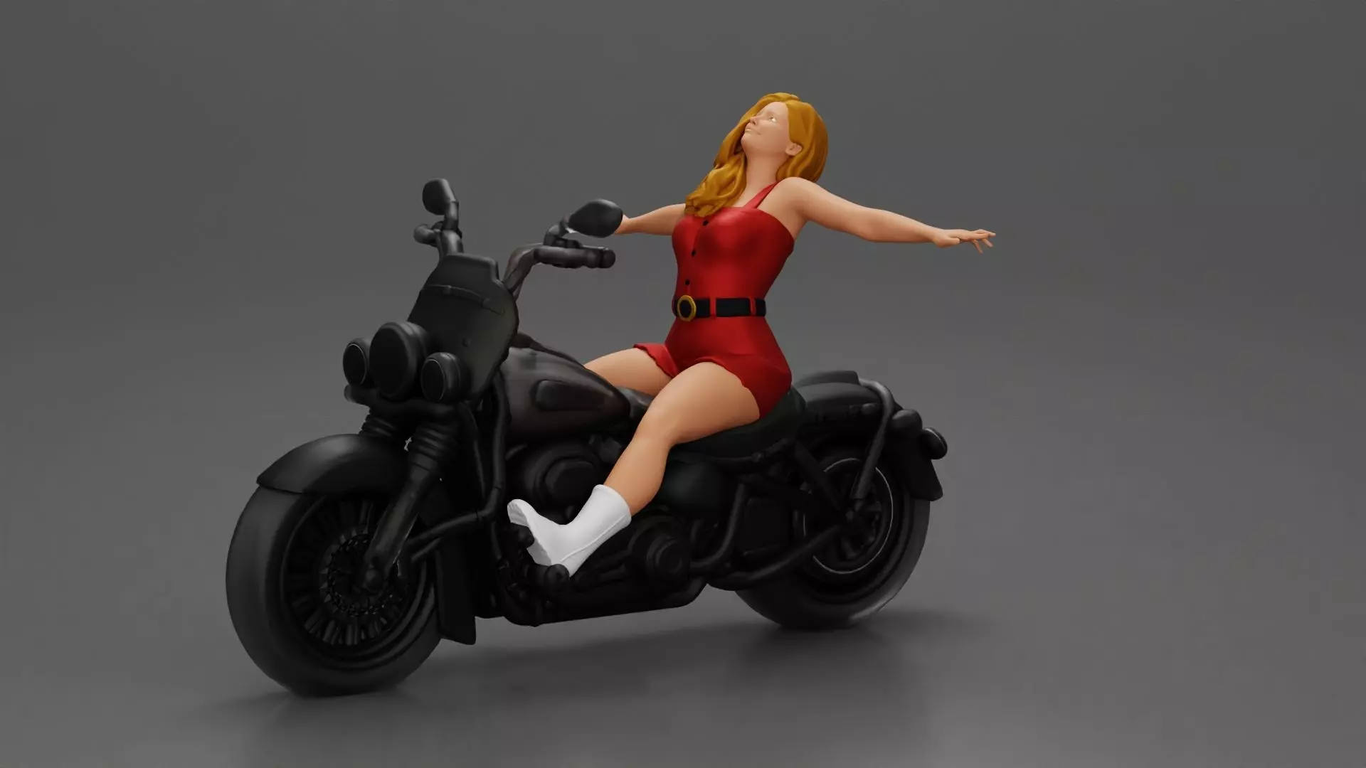 Woman in outfit stretching arms wide while sitting on motorcycle 3D print model_0