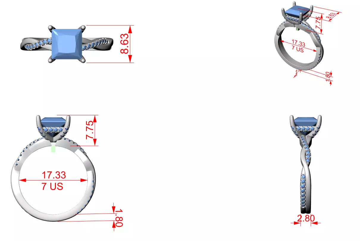 Princess Solitaire Ring with twisted shank 3dm stl renders 3D print model_1