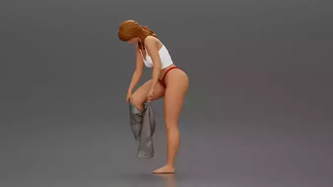 Woman in white top carefully wearing grey pants with balance 3D print model