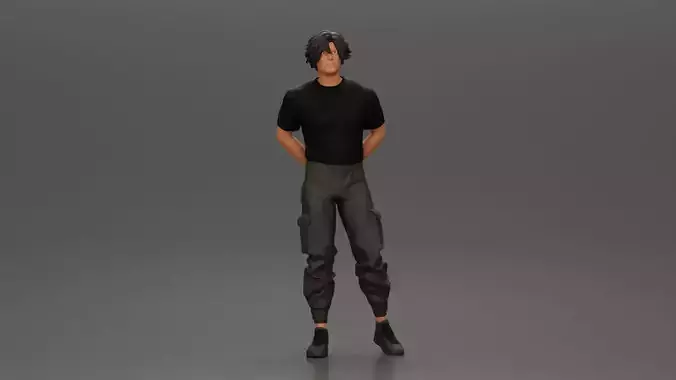 Man with messy hair wearing black shirt and cargo pants 3D print model