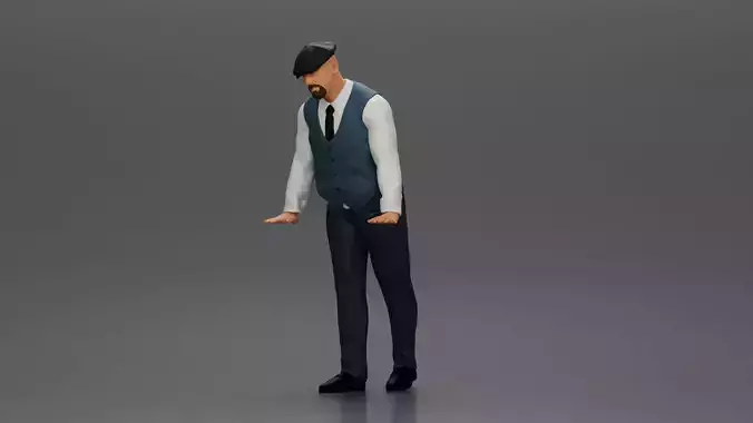 Man wearing flat cap blue vest tie standing with confidence