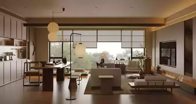 Chinese Song - style living and dining room 3D model 5