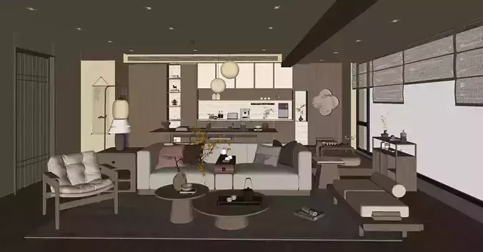 Chinese Song - style living and dining room 3D model 7