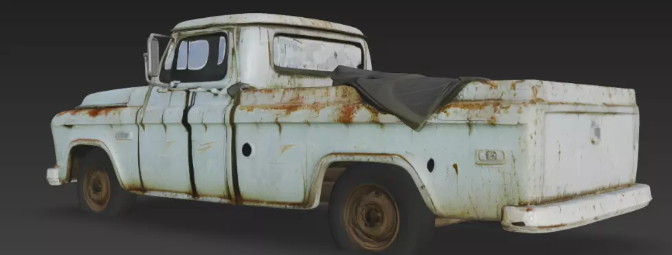 3D model of a scratched broken old rugged blue pickup truck 3D model_2