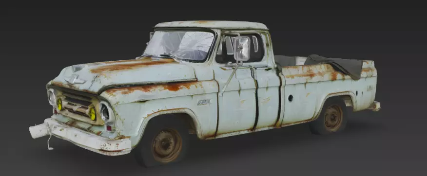 3D model of a scratched broken old rugged blue pickup truck 3D model_0