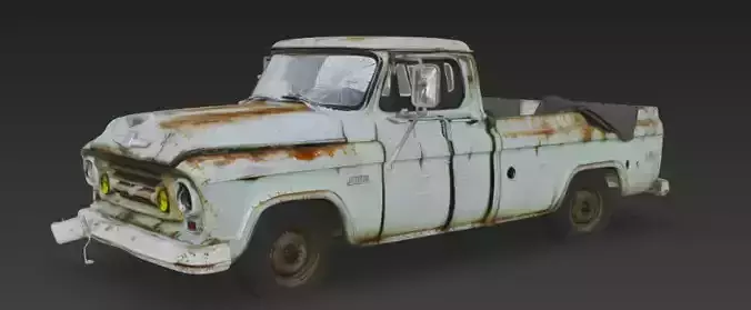 3D model of a scratched broken old rugged blue pickup truck