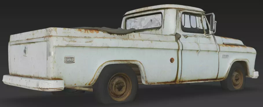 3D model of a scratched broken old rugged blue pickup truck 3D model_3