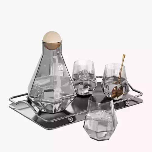 N19 Glass Drinkware Set with Wooden Stopper  on Metallic Tray