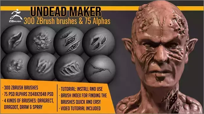 Undead Maker 300 ZBrush brushes and 75 alphas