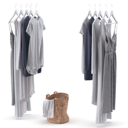 Clothes on hangers and a laundry basket with linens 3D model