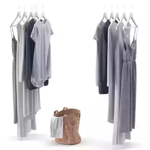 Clothes on hangers and a laundry basket with linens 3D model
