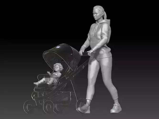 Mom walks in the park with a stroller 1