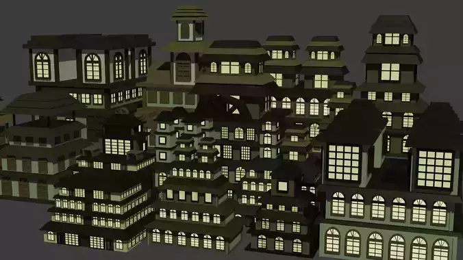 low poly medieval fantasy Town Pack stylized modular buildings 