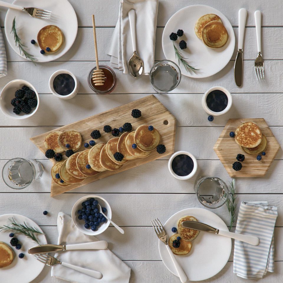 Breakfast pancakes and blueberries on wooden table 3D model_2