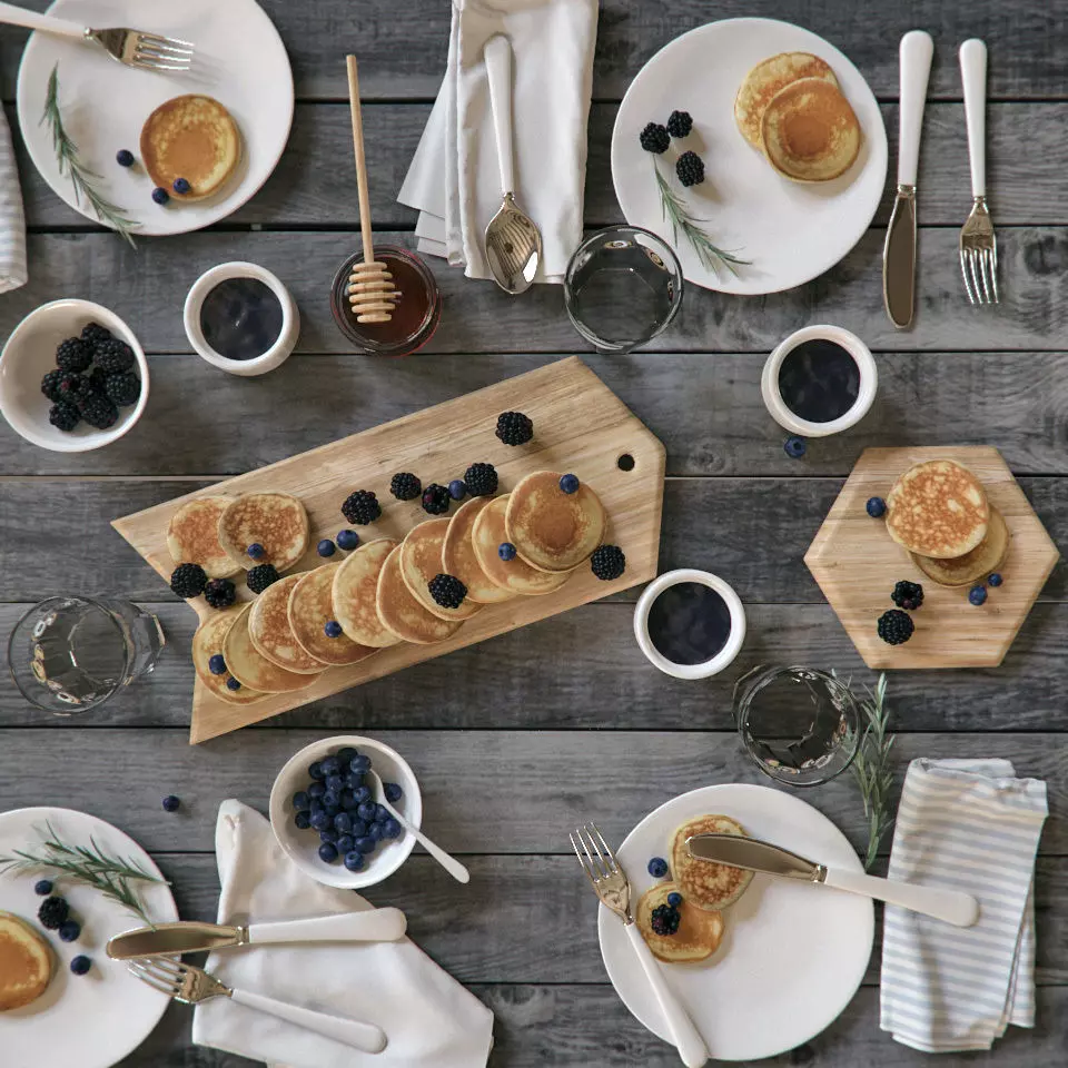 Breakfast pancakes and blueberries on wooden table 3D model_0