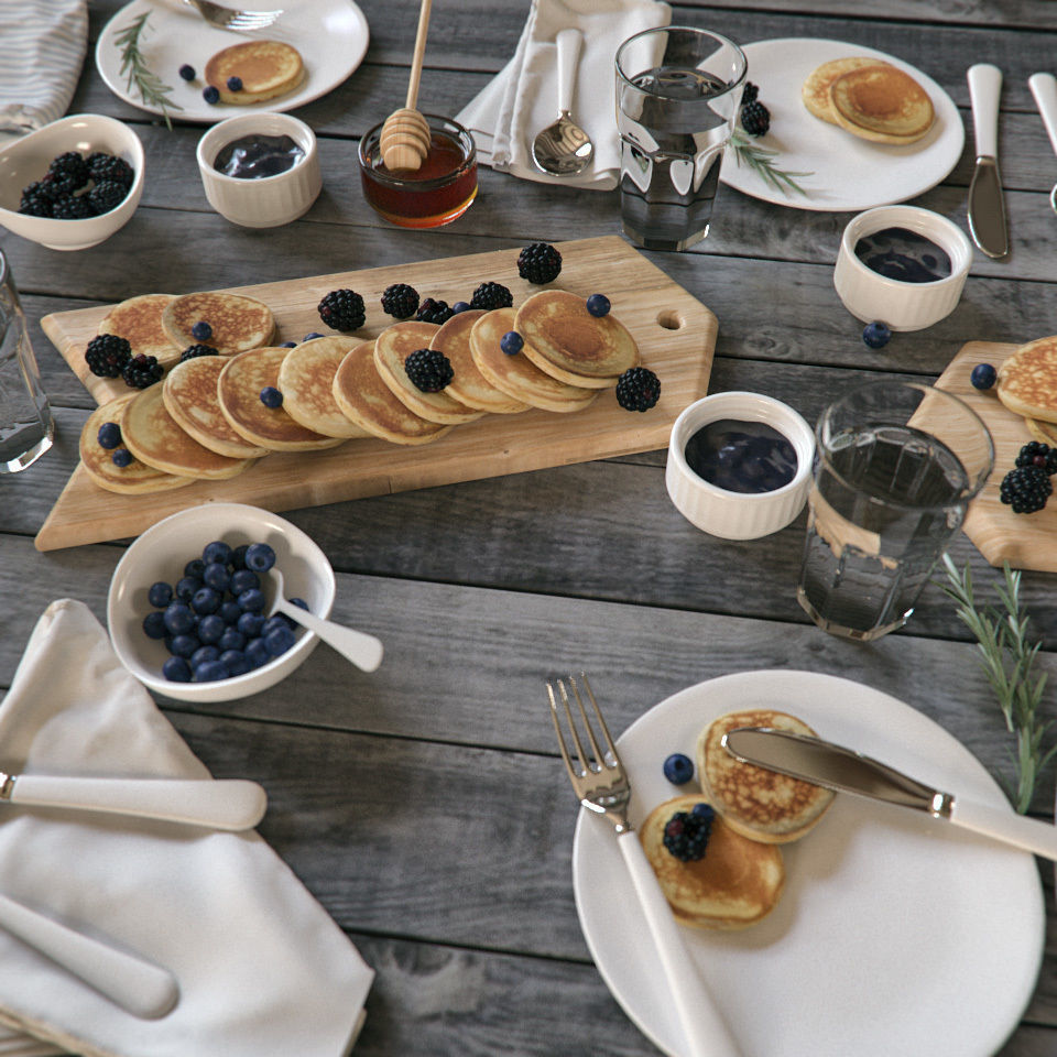 Breakfast pancakes and blueberries on wooden table 3D model_1