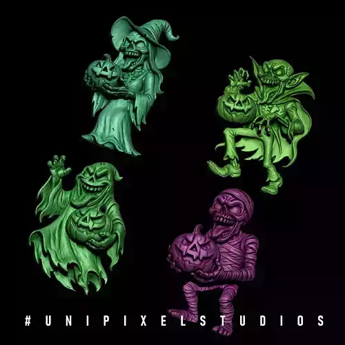 Halloween Monsters Set of 4 Charaters Bas relief 3D STL 3D print model