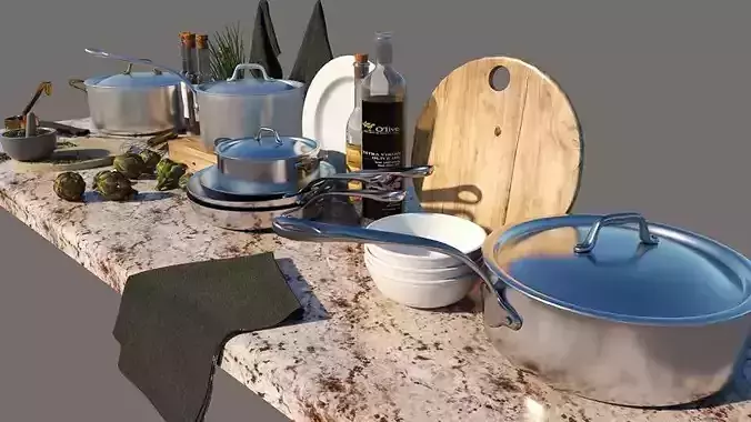 3D Kitchen Tableware and Cookware Set