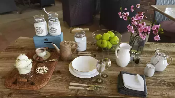 3D set furniture Rustic Breakfast Table