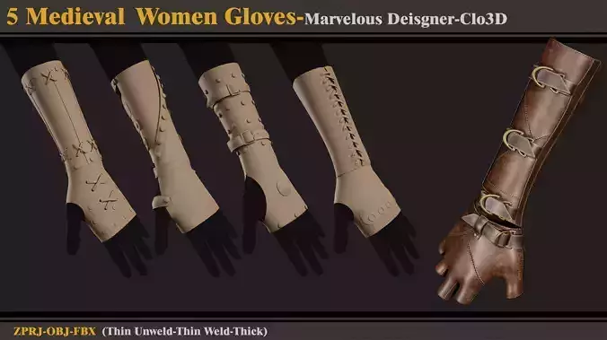 5 Medieval Women Gloves-MD-Clo3D-ZPRJ-FBX- OBJ