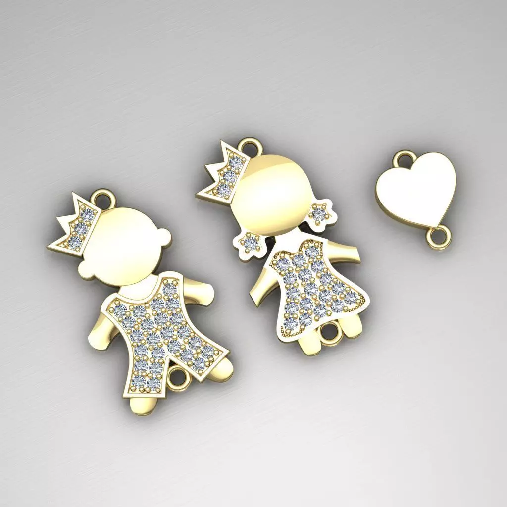 Gold Kids Pendant diamond Set Boy and Girl Crown Charms Heart Free 3D print model