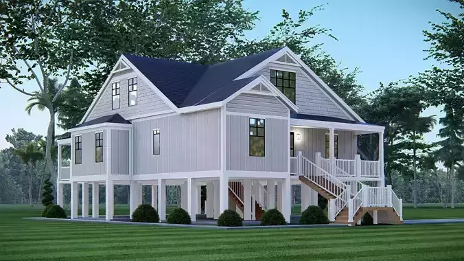 Modern American Elevated Farmhouse 3D Model   Home Design