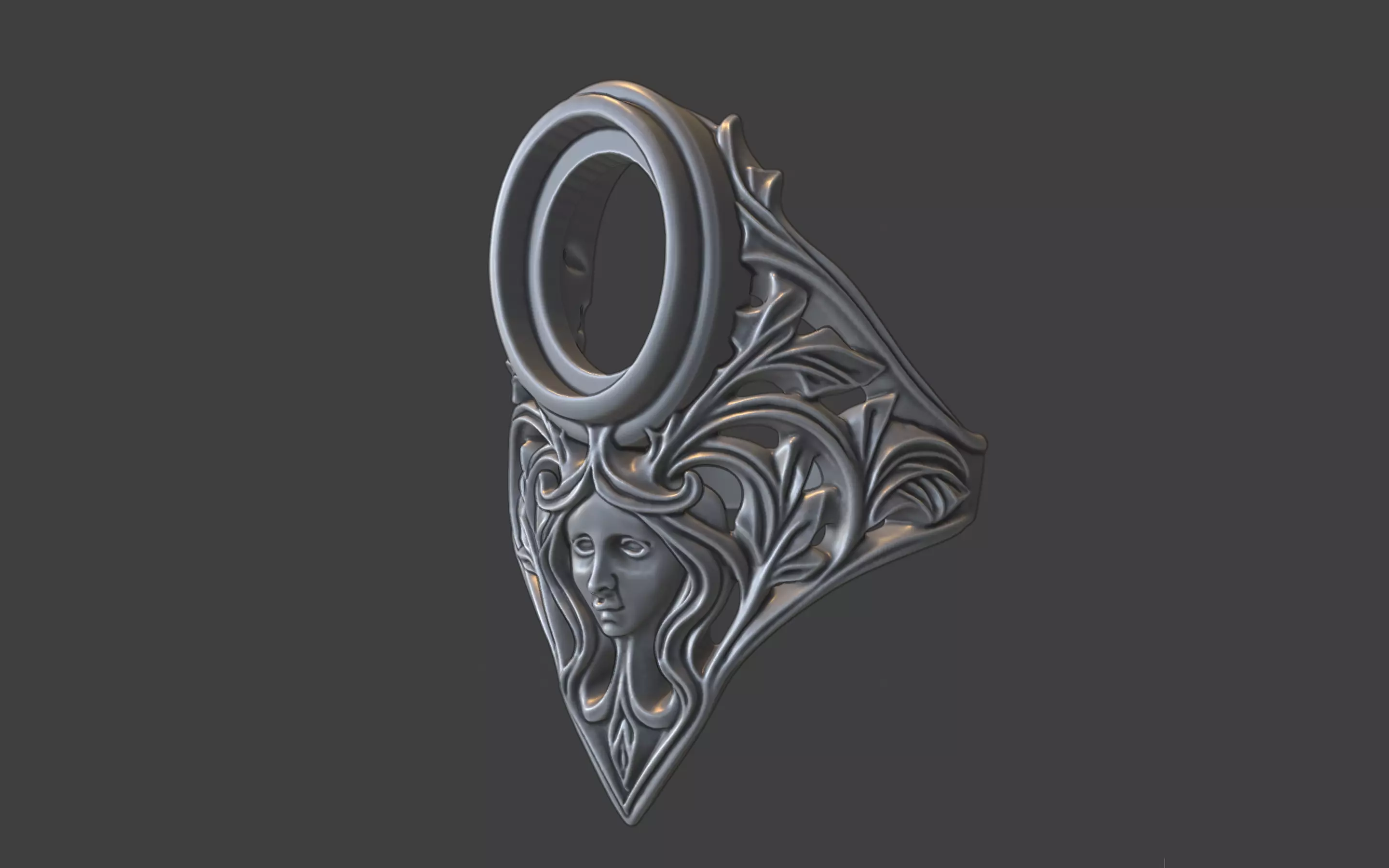 floral scrollwork ring with face and gemstone 3D print model_13
