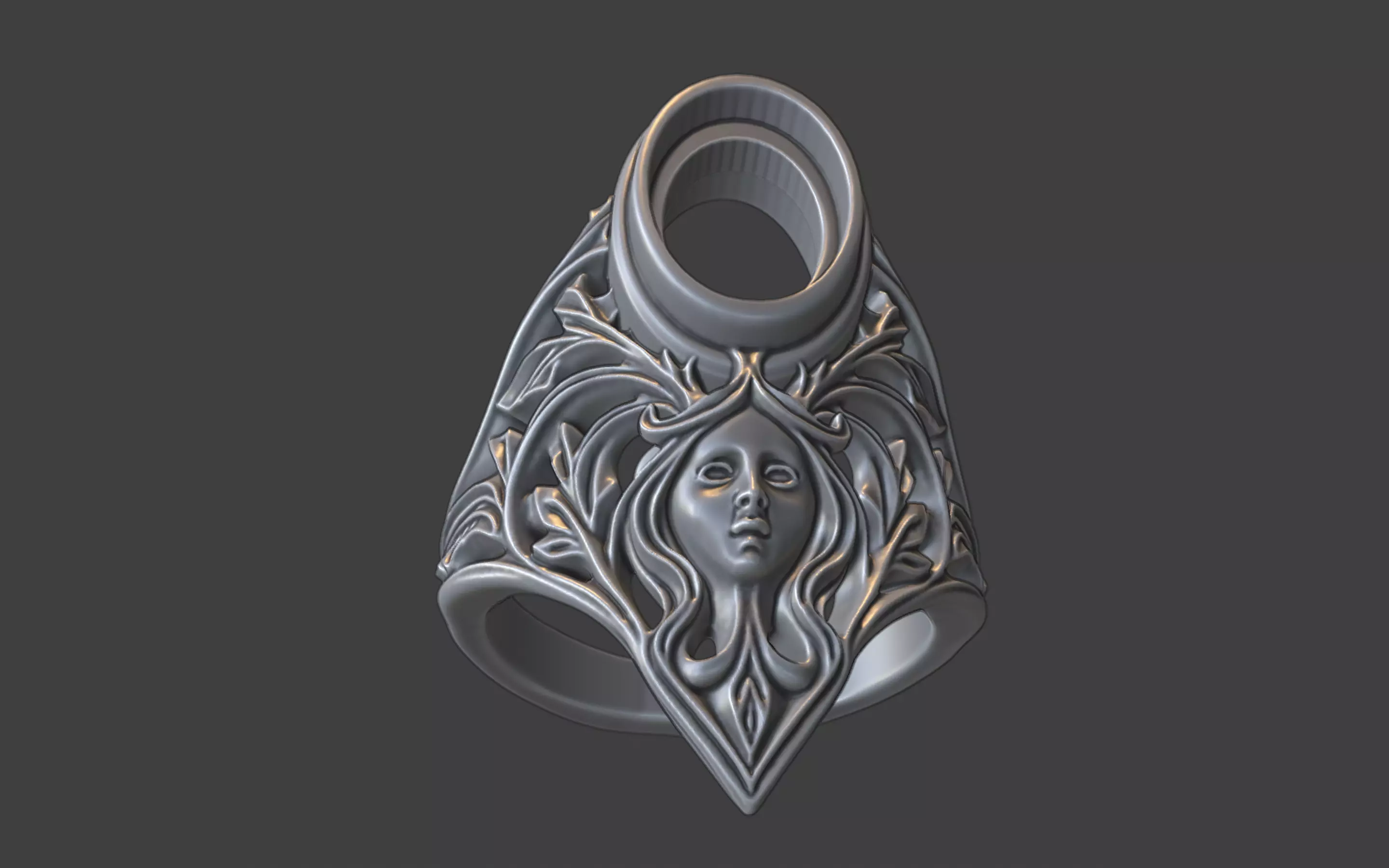 floral scrollwork ring with face and gemstone 3D print model_11