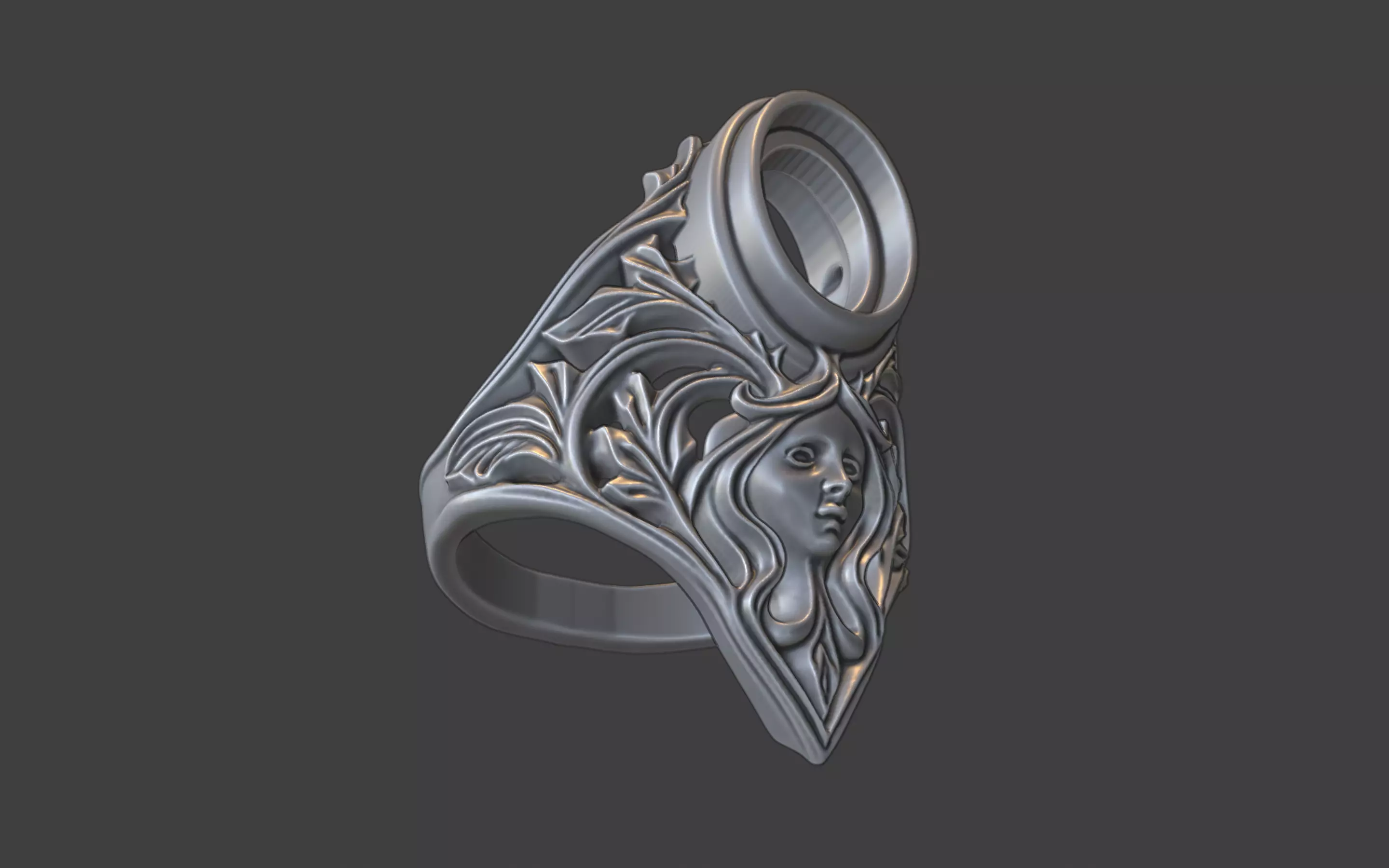 floral scrollwork ring with face and gemstone 3D print model_10