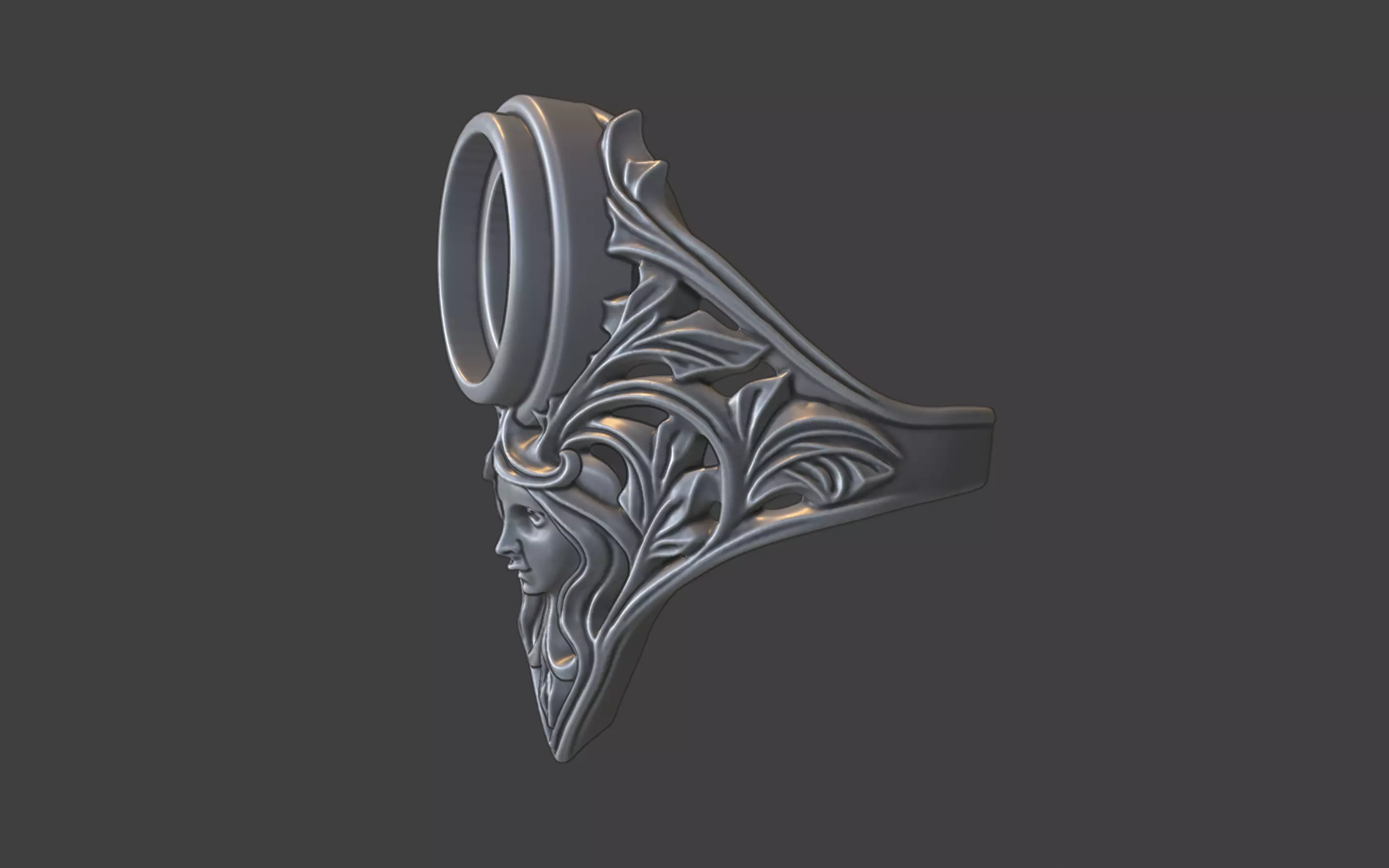 floral scrollwork ring with face and gemstone 3D print model_14