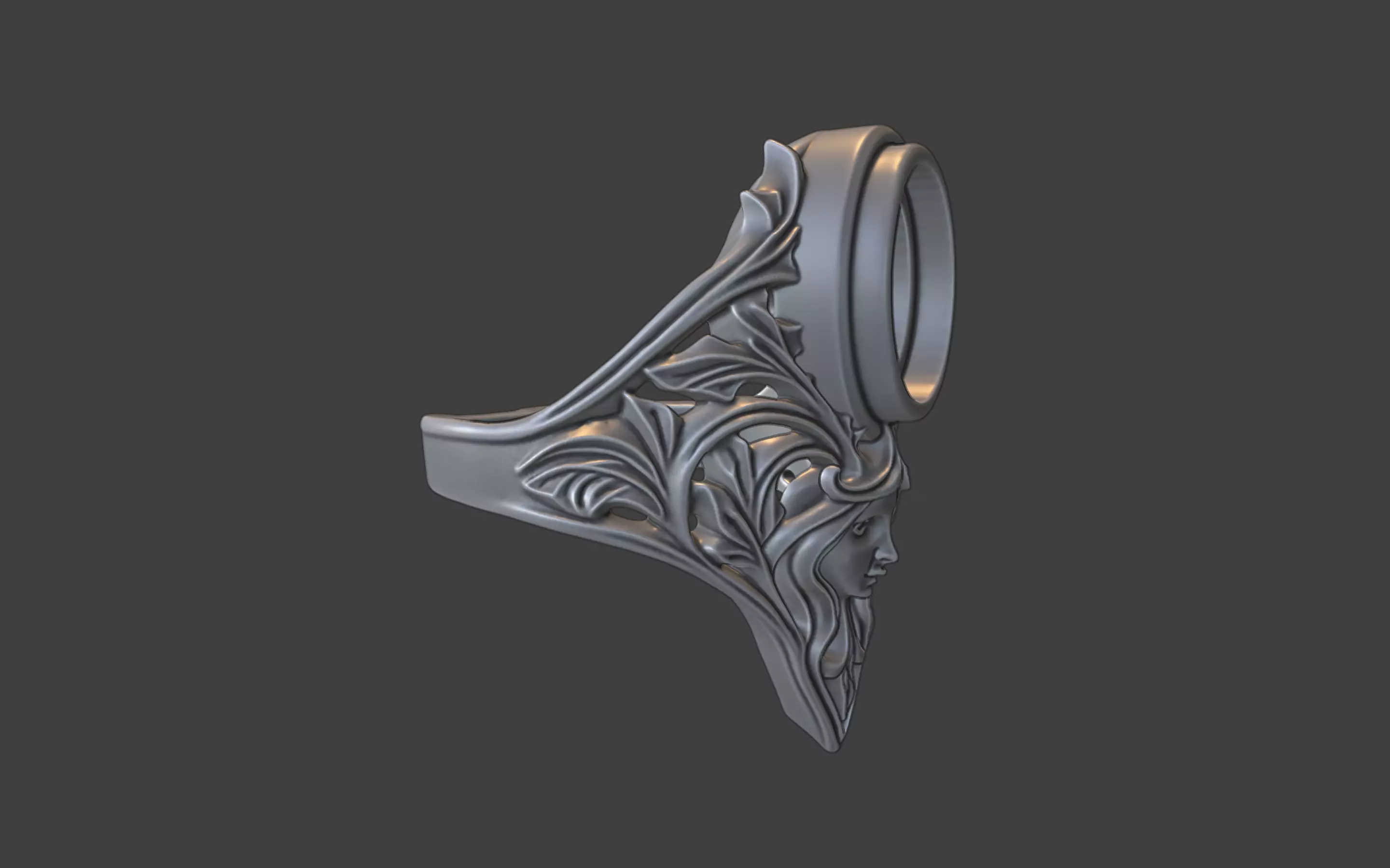 floral scrollwork ring with face and gemstone 3D print model_21