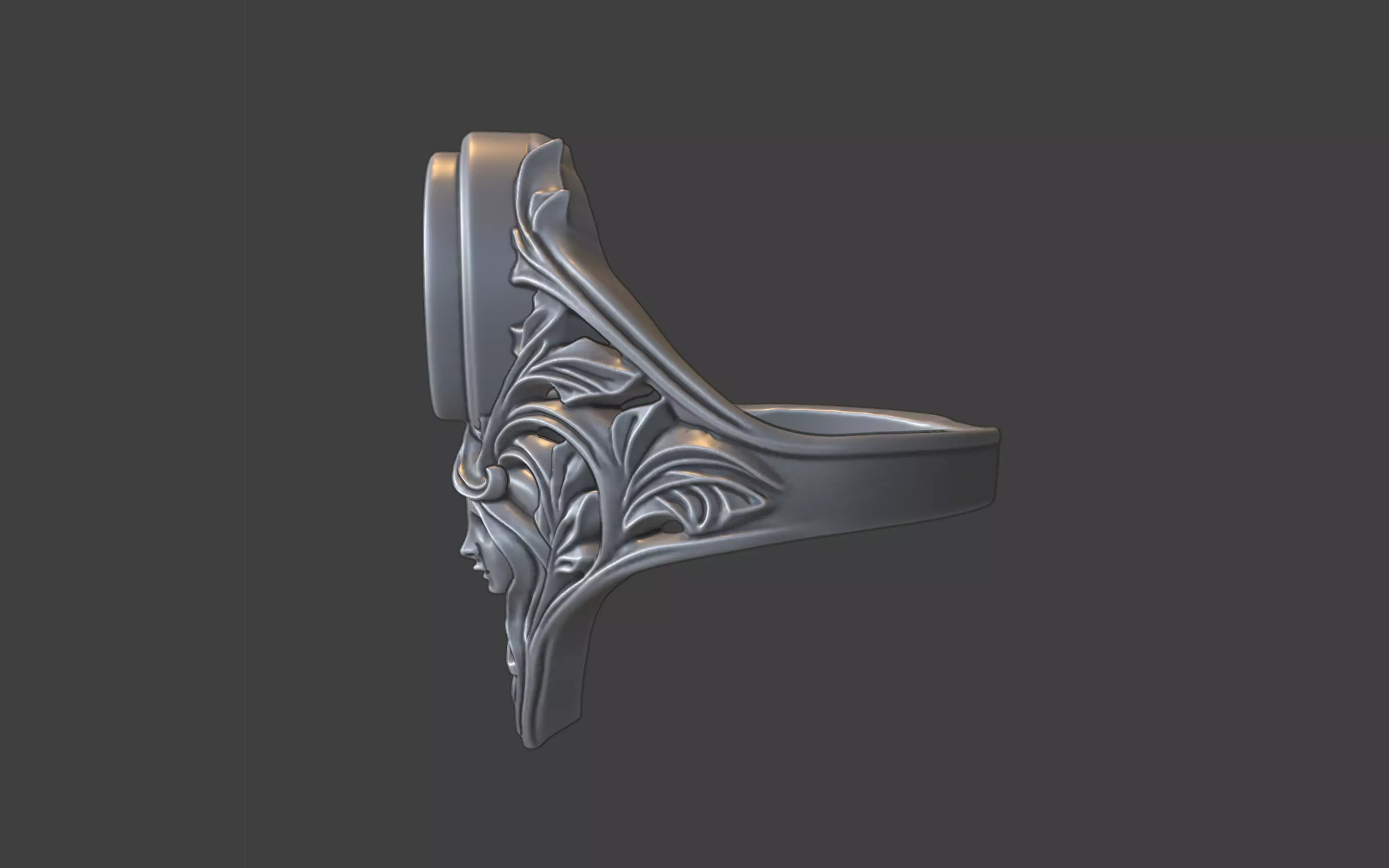 floral scrollwork ring with face and gemstone 3D print model_15