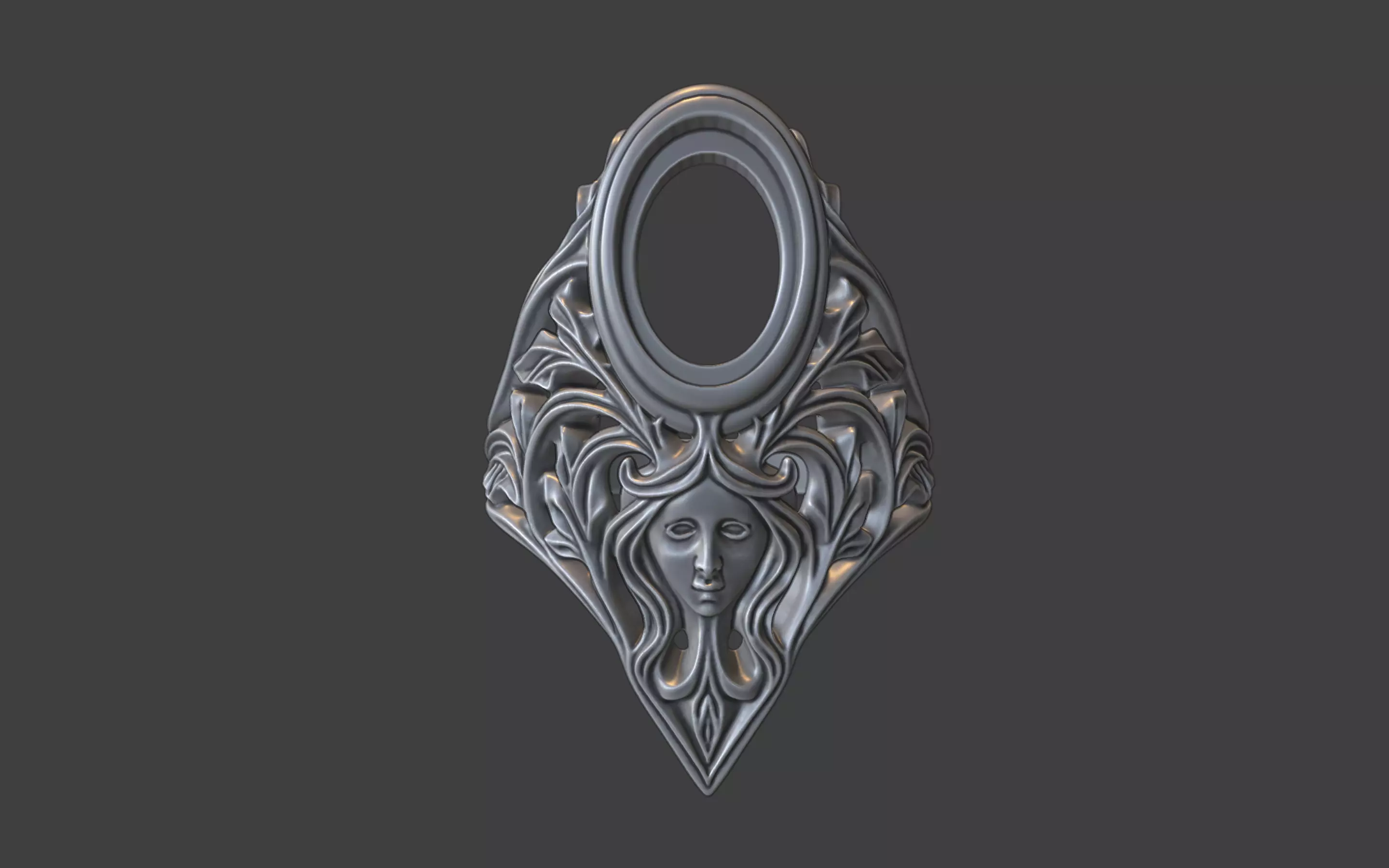 floral scrollwork ring with face and gemstone 3D print model_0