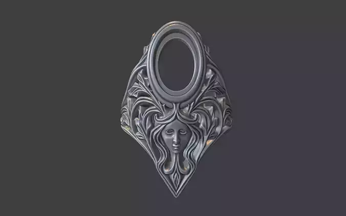 floral scrollwork ring with face and gemstone