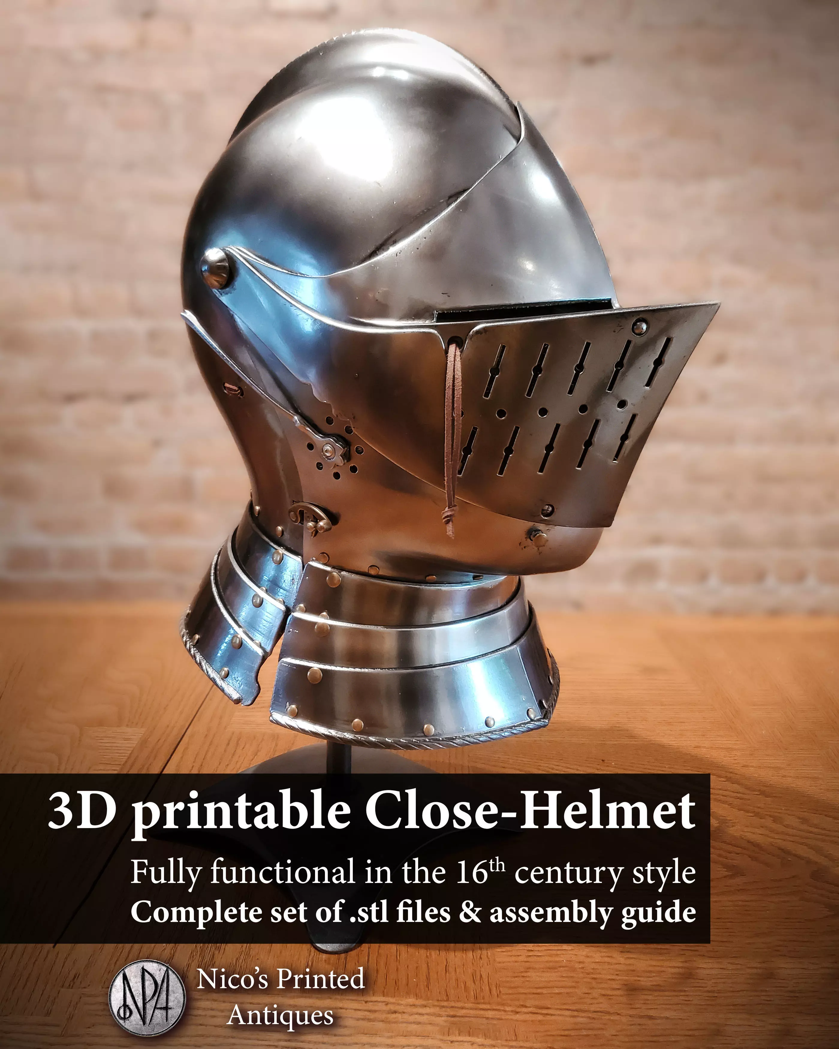 Wearable Close Helmet 16th Century Knight Armor 3D print model_0
