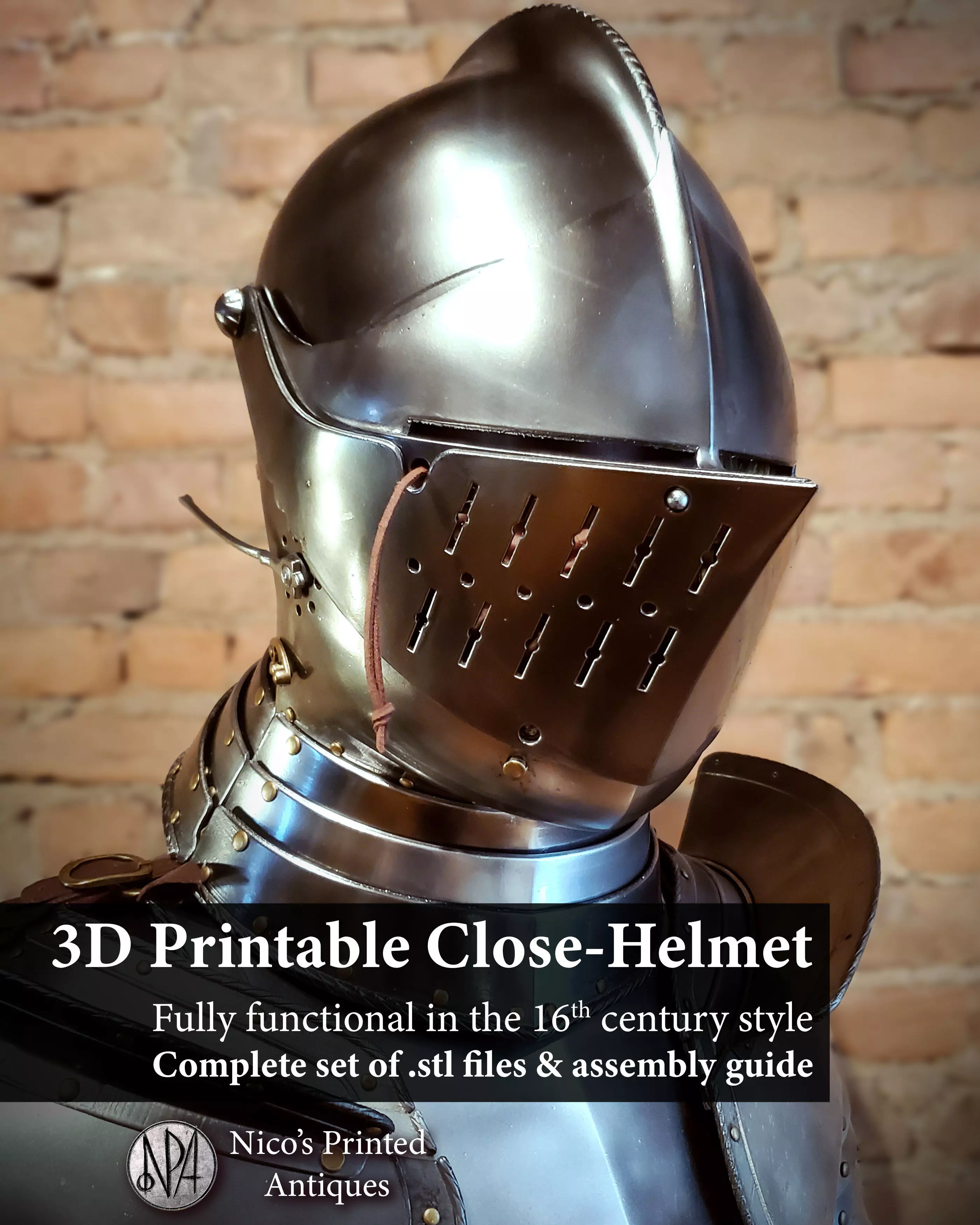 Wearable Close Helmet 16th Century Knight Armor 3D print model_4