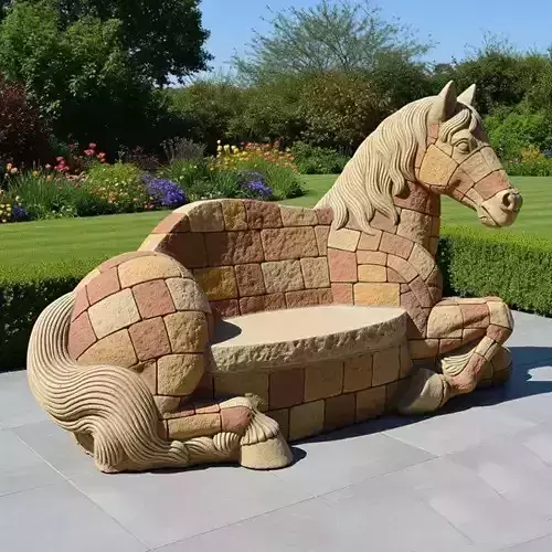 Stone Horse Bench 3D Garden Sculpture Mosaic Tile Low-poly 3D model