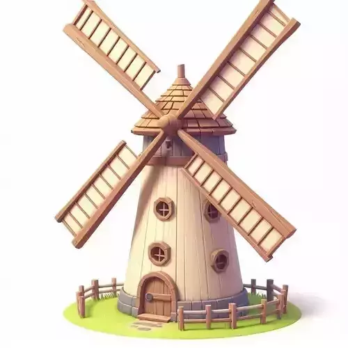 Cartoon Windmill 3D Whimsical Wooden Structure