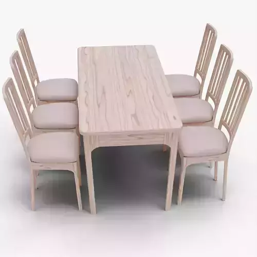 Realistic Wooden Dining Table with 6 Chairs 3D Model 