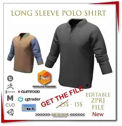  Long Sleeve Polo Shirt 3D ZPRJ File Editable