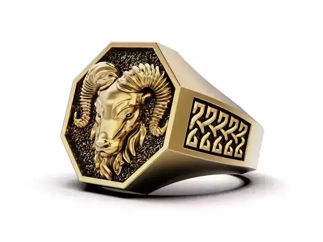 Powerful Ram Head Octagon Signet Ring